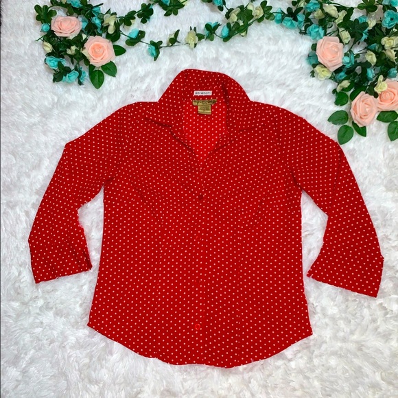 Notations Top Red Polka Dotted Button Up Shirt - Picture 2 of 5